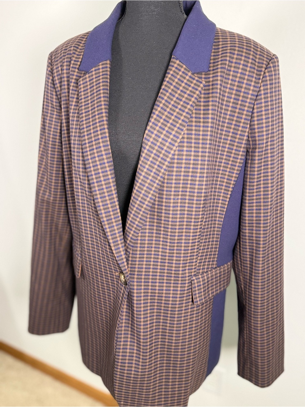 DKNY Brown Navy Plaid Colorblock Blazer Tailored Stretch Jacket Size 18